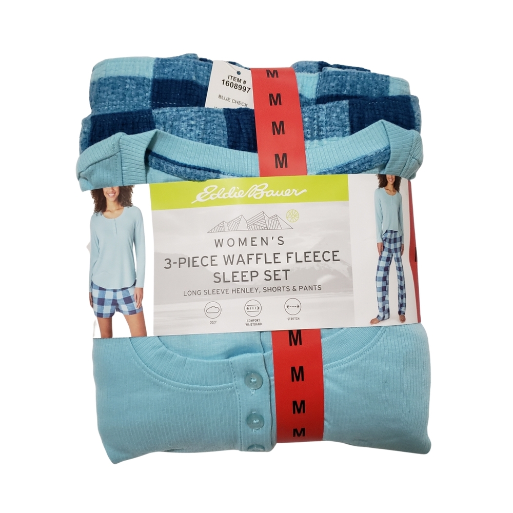 Eddie Bauer Pajama Set Women Blue 3-Piece Waffle Fleece NWT